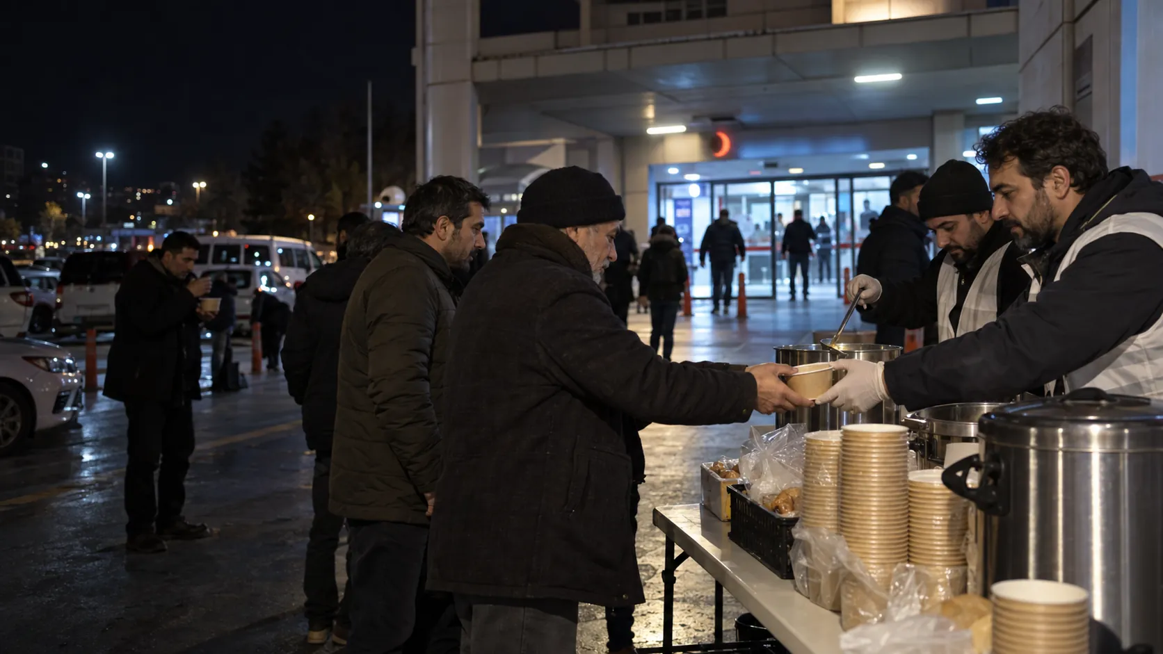 Hastane önünde gece çorbası dağıtımı